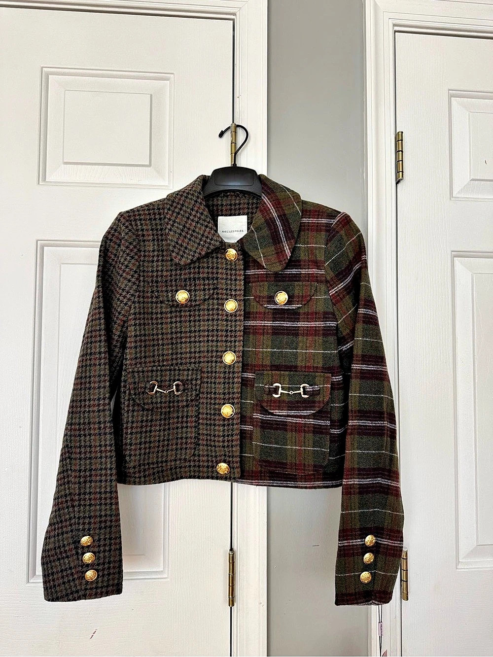 Avec Les Filles Mixed Plaid Blazer Plaid Cropped Jacket in Green & Brown Size